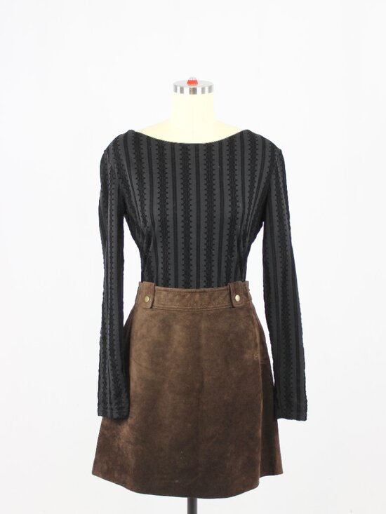 Vintage 00's DANIER Brown 100% Leather Suede Western A-Line Mini Skirt, Size 6 - Picture 12 of 15